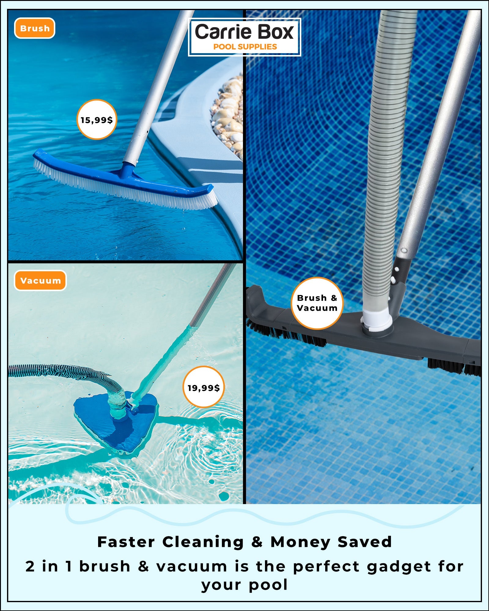 Carrie Box XL 20-Inch 2 in 1 Curved Pool Brush with Vacuum Head EU